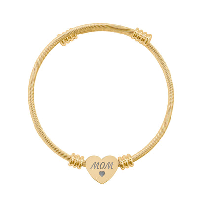 Engravable Heart Cuff Bracelet — Personalized 'MOM' Charm (Silver or Gold)