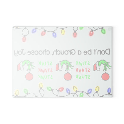 Glass Cutting Board — "Don't Be a Grouch, Choose Joy" Holiday Cutting Board (Grinch Lights Design)