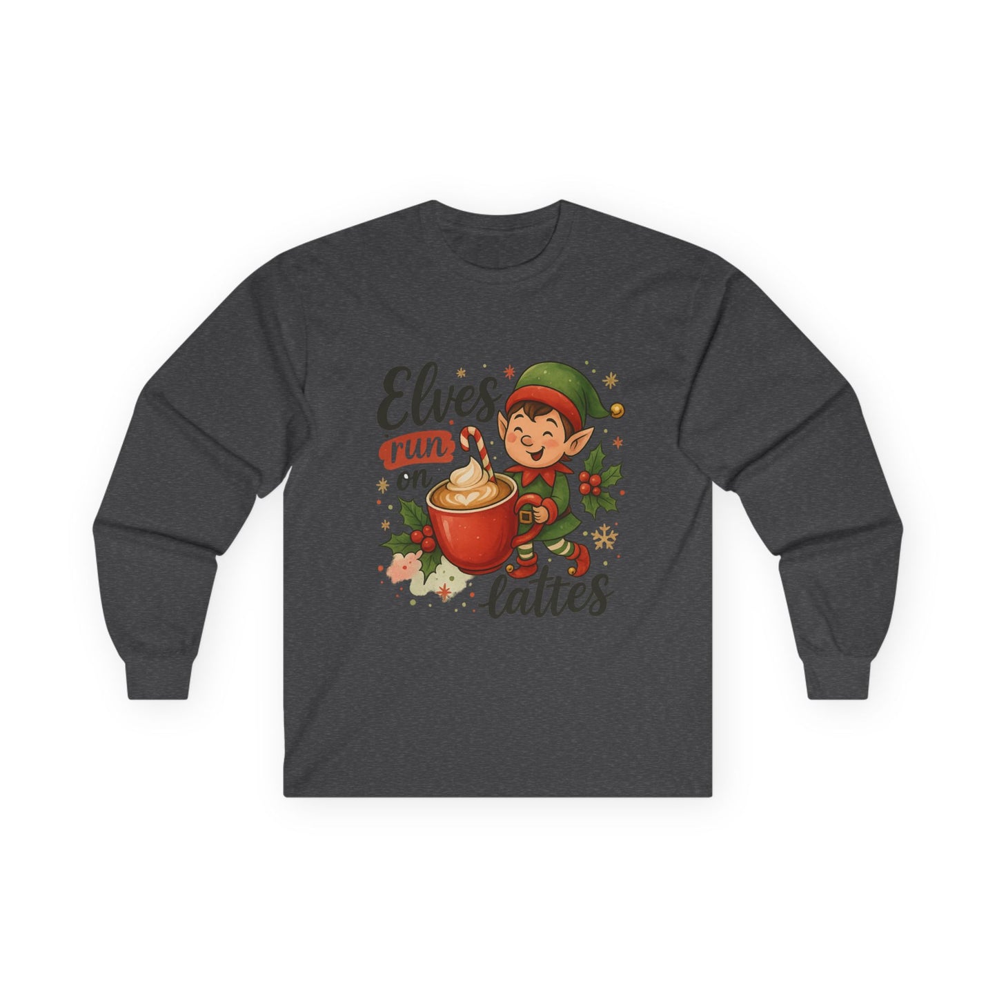 Christmas Elf Long Sleeve Tee, Holiday Shirt, Gift for Coffee Lovers, Festive Apparel, Elf-Themed Clothing