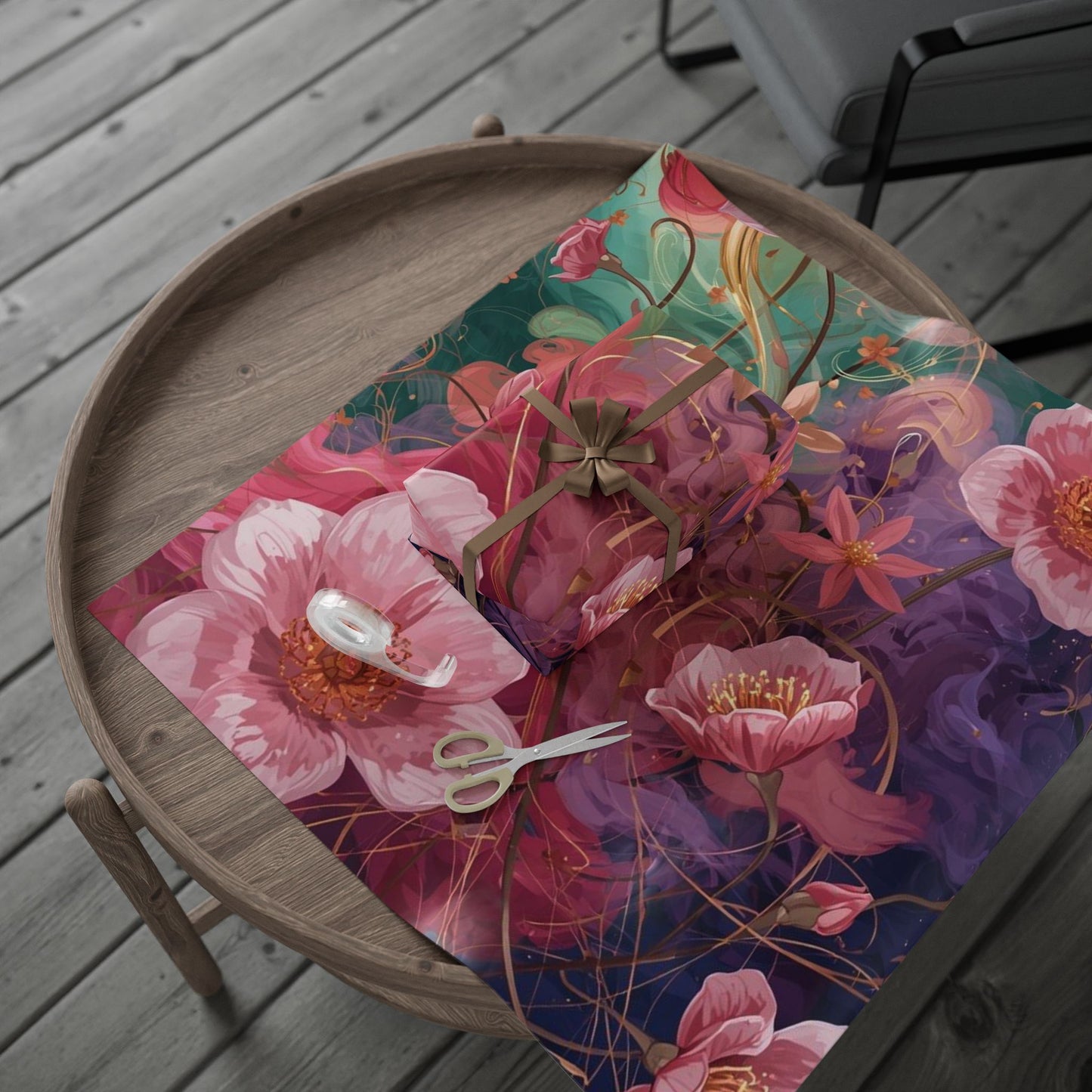 Floral Watercolor Wrapping Paper Roll — Pink Rose & Mint Gift Wrap