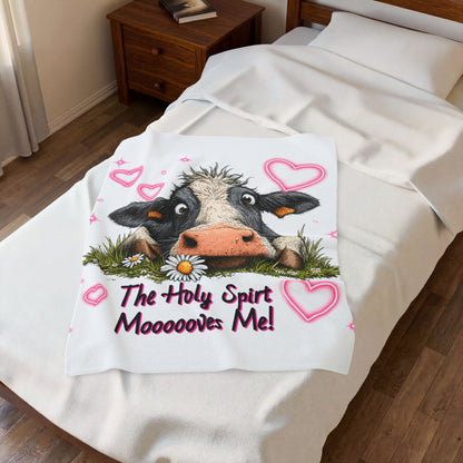 Velveteen Blanket – "The Holy Spirit Moooooves Me" Cute Cow Plush Throw