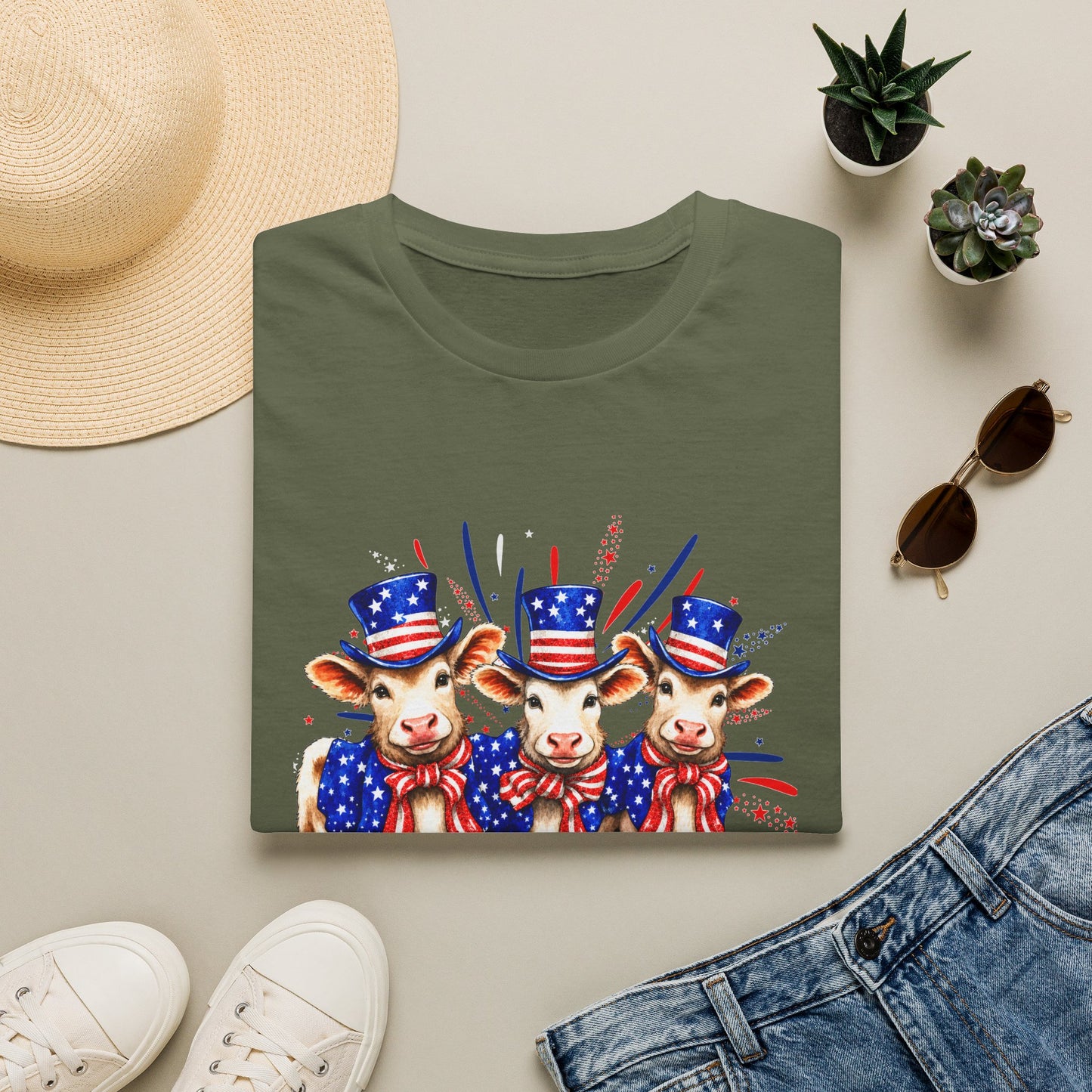 American Patriotic Cows T-Shirt — 4th of July Cow Trio in Uncle Sam Hats
