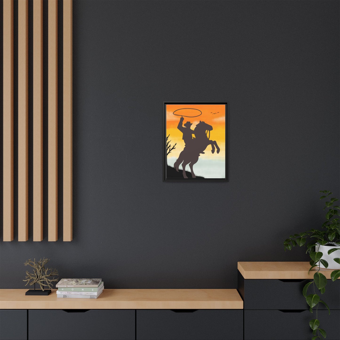 Framed Canvas Art Print Western Home Decor Rustic Wall Art Gift for Cowgirl or Cowboy Country Housewarming Rodeo Home Decor Cowboy Sunset