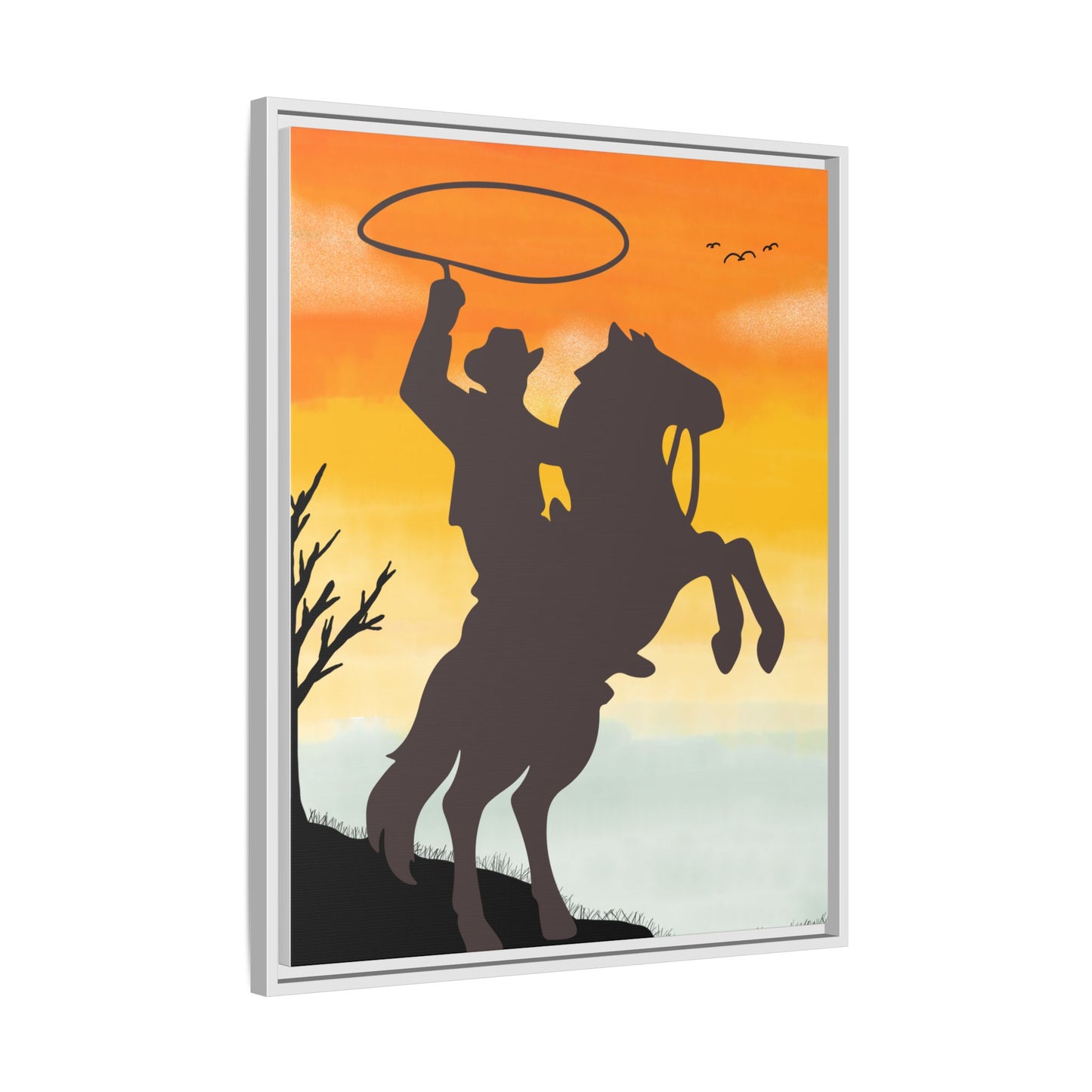 Framed Canvas Art Print Western Home Decor Rustic Wall Art Gift for Cowgirl or Cowboy Country Housewarming Rodeo Home Decor Cowboy Sunset