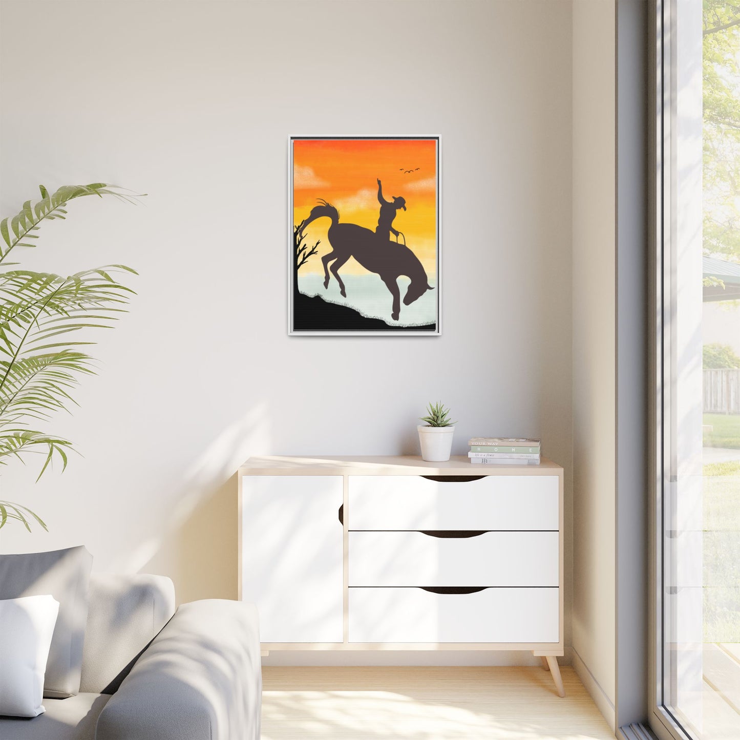 Framed Cowboy Sunset Canvas Art Equestrian Decor Farmhouse Wall Art Rustic Home Decoration Gift for Horse Lovers Rodeo Decor Housewarming Gift