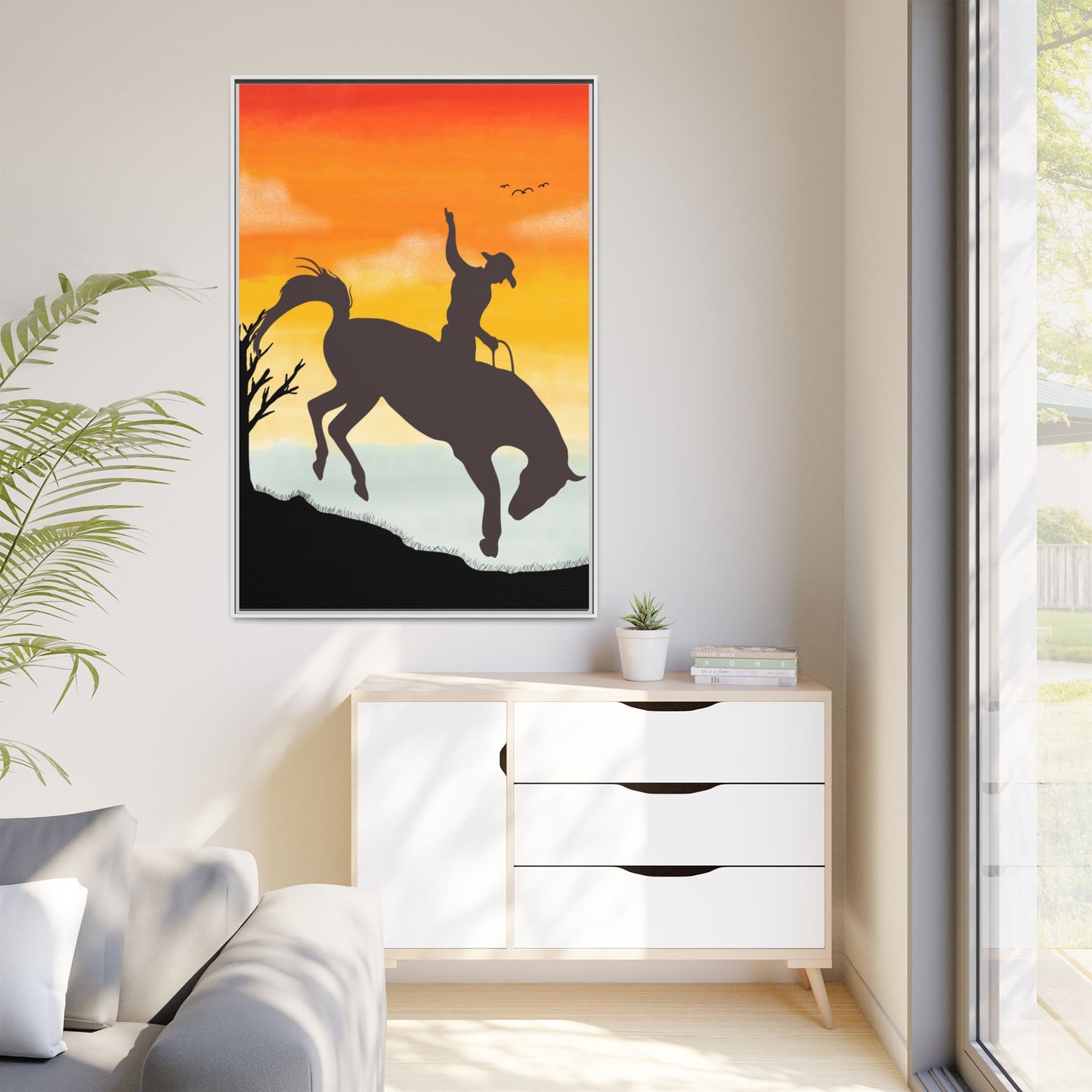 Framed Cowboy Sunset Canvas Art Equestrian Decor Farmhouse Wall Art Rustic Home Decoration Gift for Horse Lovers Rodeo Decor Housewarming Gift