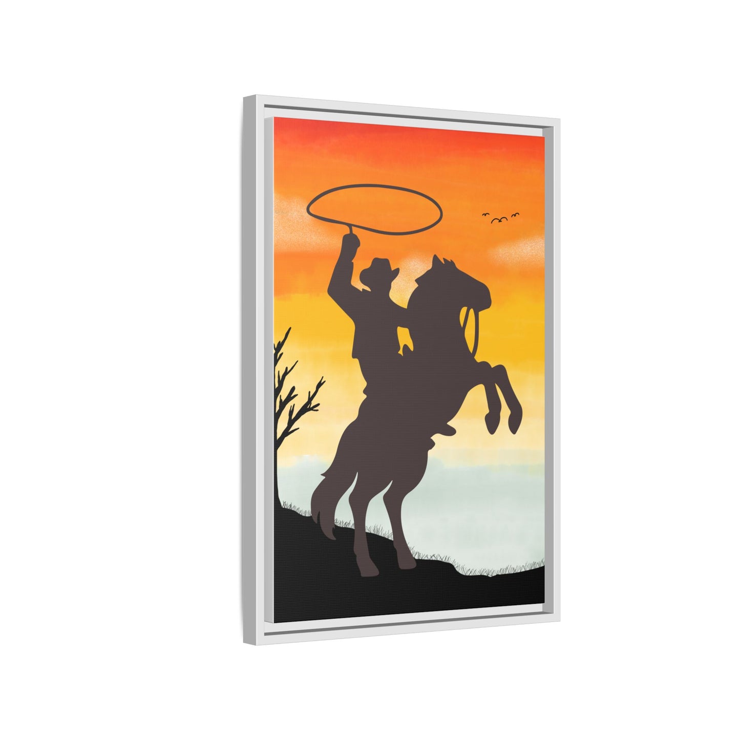 Framed Canvas Art Print Western Home Decor Rustic Wall Art Gift for Cowgirl or Cowboy Country Housewarming Rodeo Home Decor Cowboy Sunset