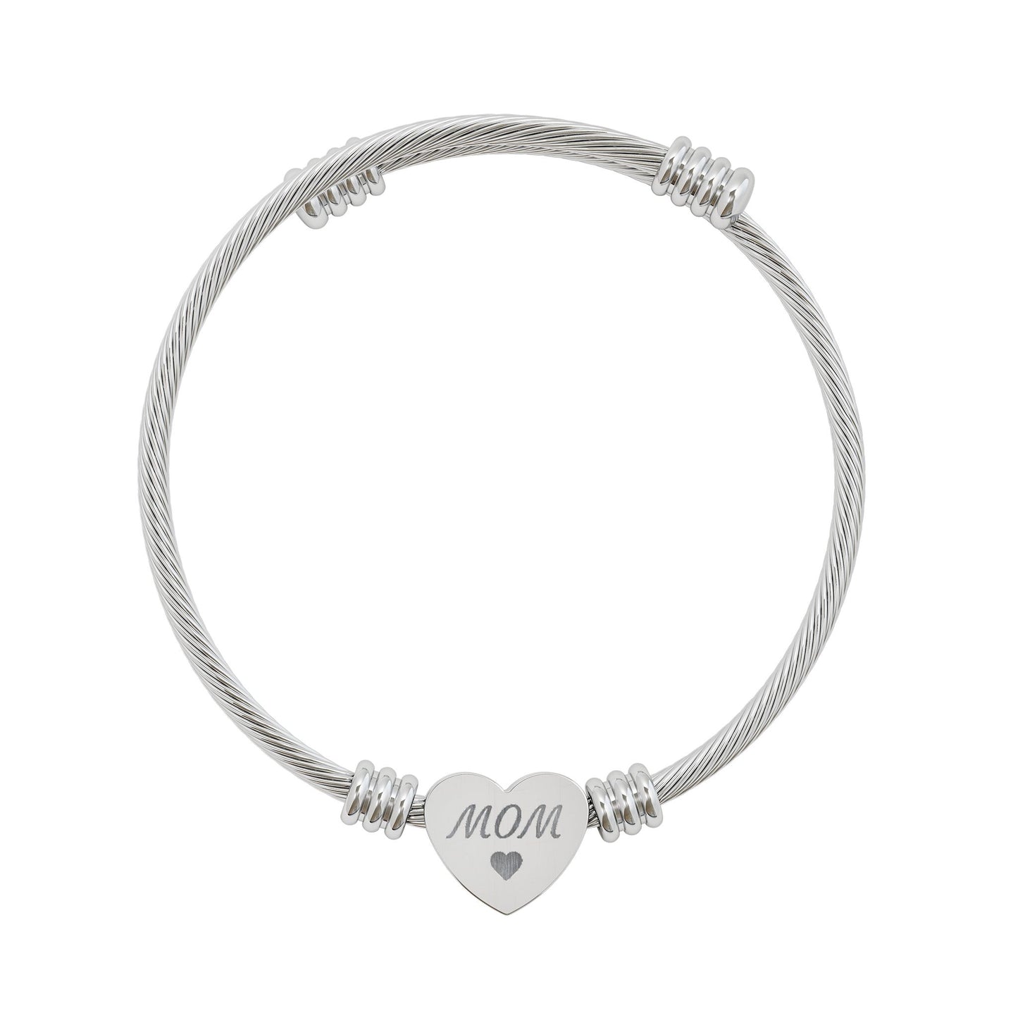 Engravable Heart Cuff Bracelet — Personalized 'MOM' Charm (Silver or Gold)