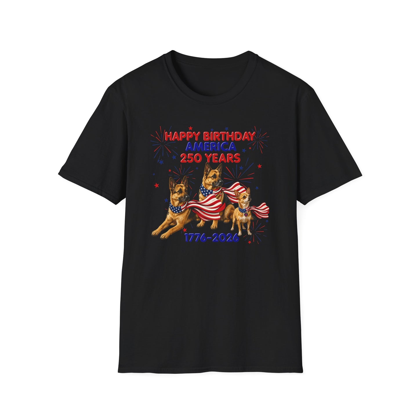 1776–2026 Happy Birthday America T-Shirt — 250 Years Patriotic Flag Dogs Tee