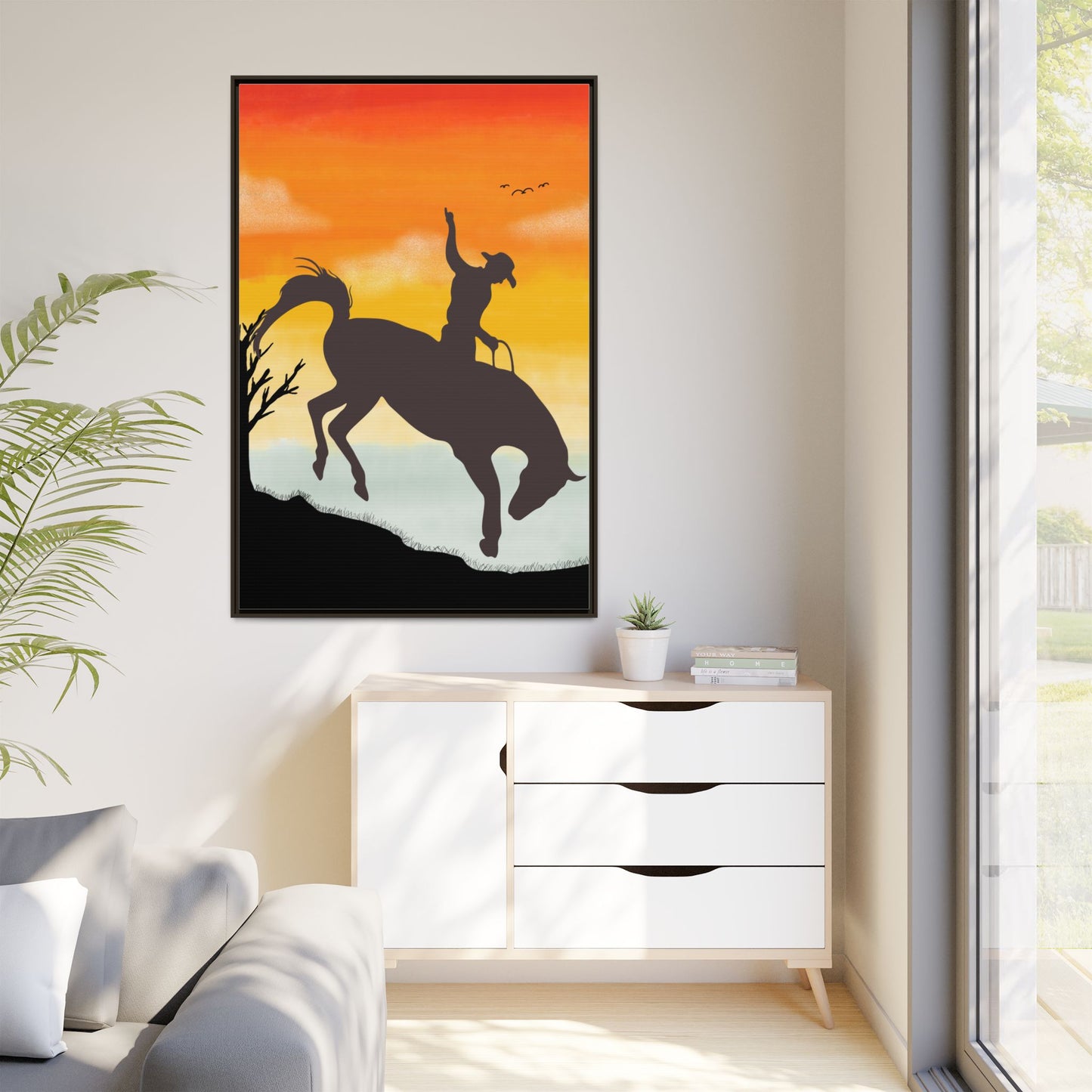 Framed Cowboy Sunset Canvas Art Equestrian Decor Farmhouse Wall Art Rustic Home Decoration Gift for Horse Lovers Rodeo Decor Housewarming Gift