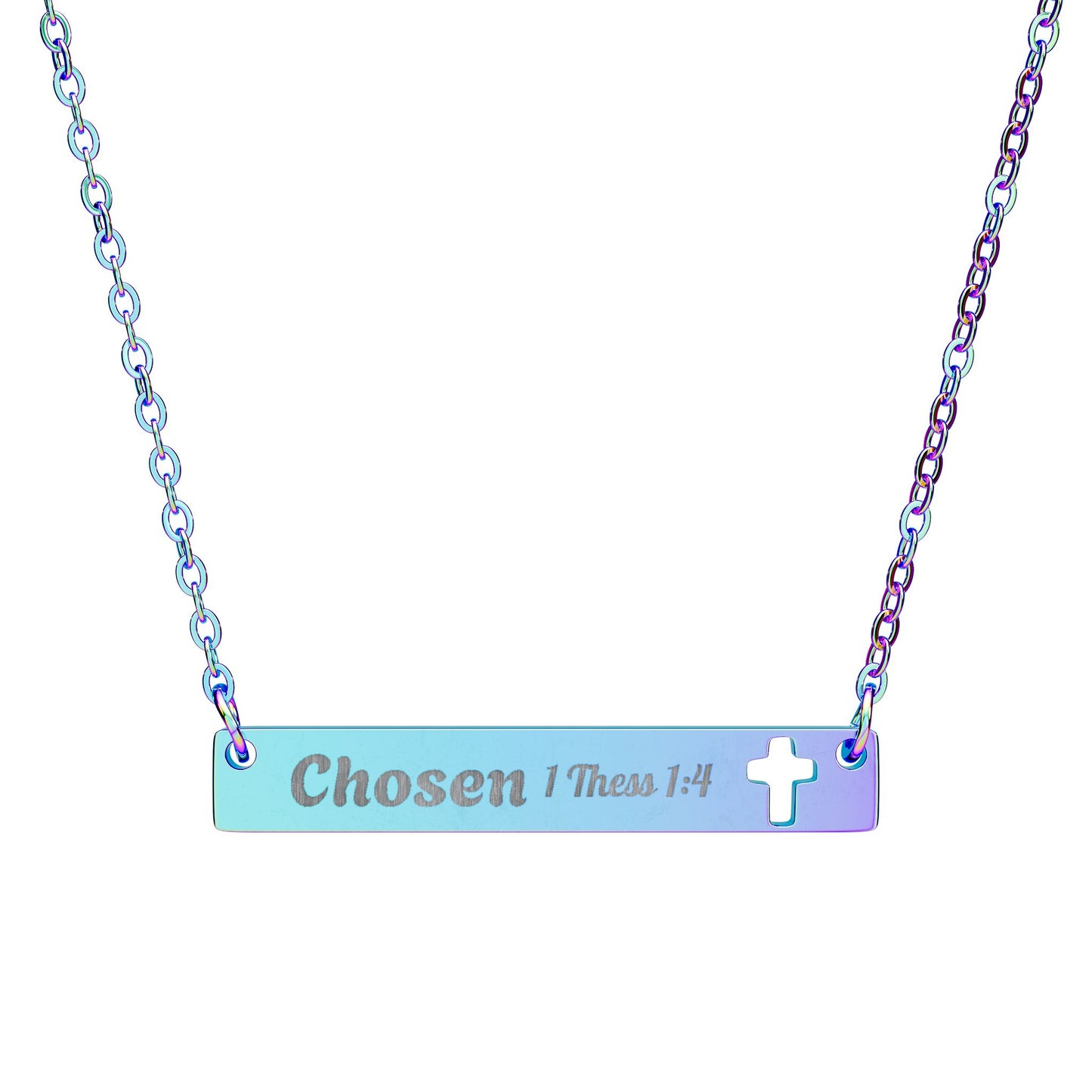 Cutout Cross Bar Necklace — Engraved "Chosen" Personalized Religious Pendant