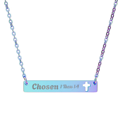 Cutout Cross Bar Necklace — Engraved "Chosen" Personalized Religious Pendant