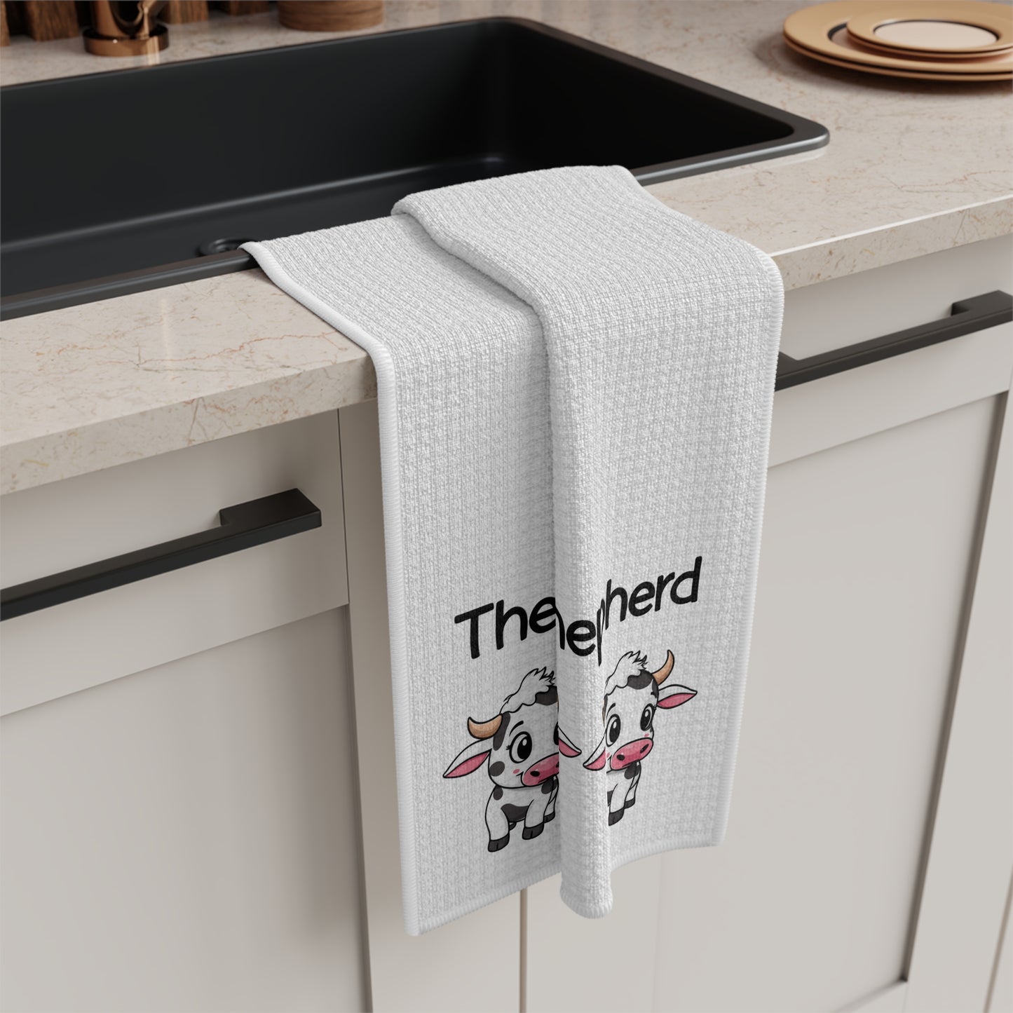 Tea Towel — "The Lord Is My Shepherd" Cute Cow Devotional Kitchen Towel