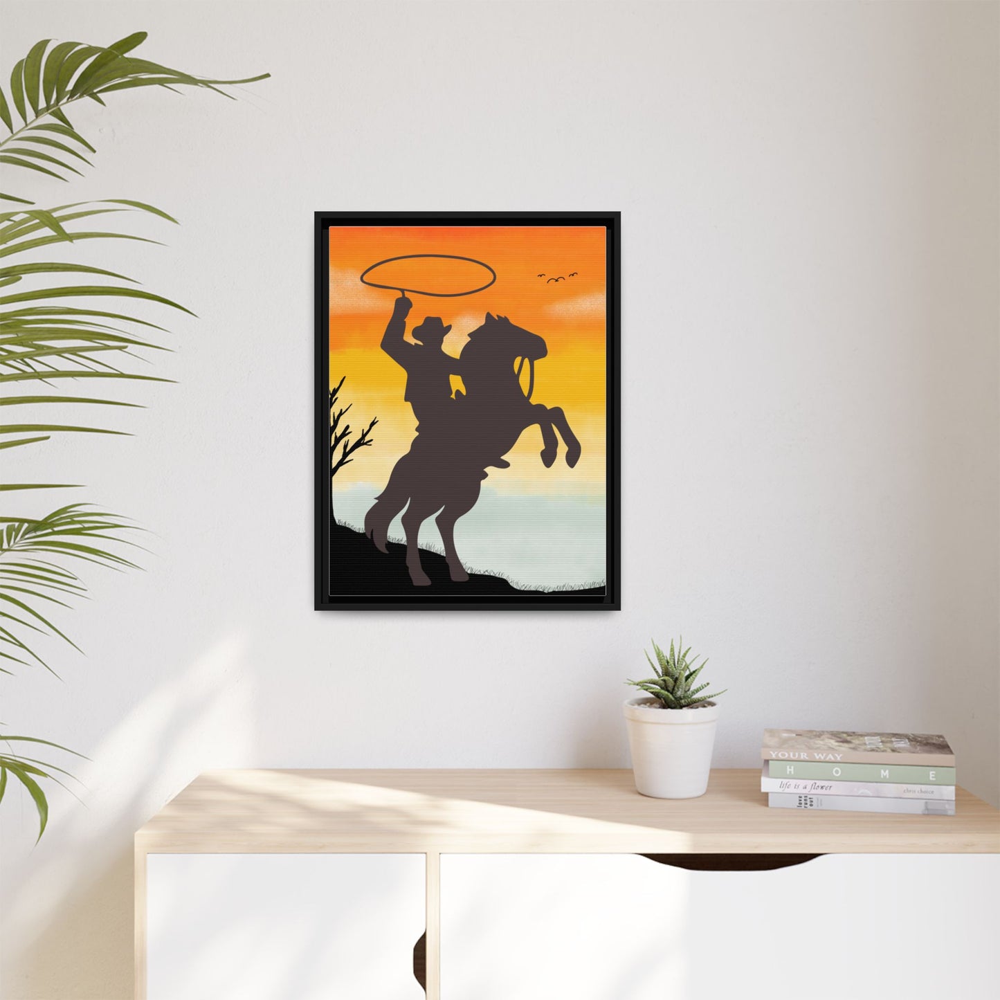 Framed Canvas Art Print Western Home Decor Rustic Wall Art Gift for Cowgirl or Cowboy Country Housewarming Rodeo Home Decor Cowboy Sunset