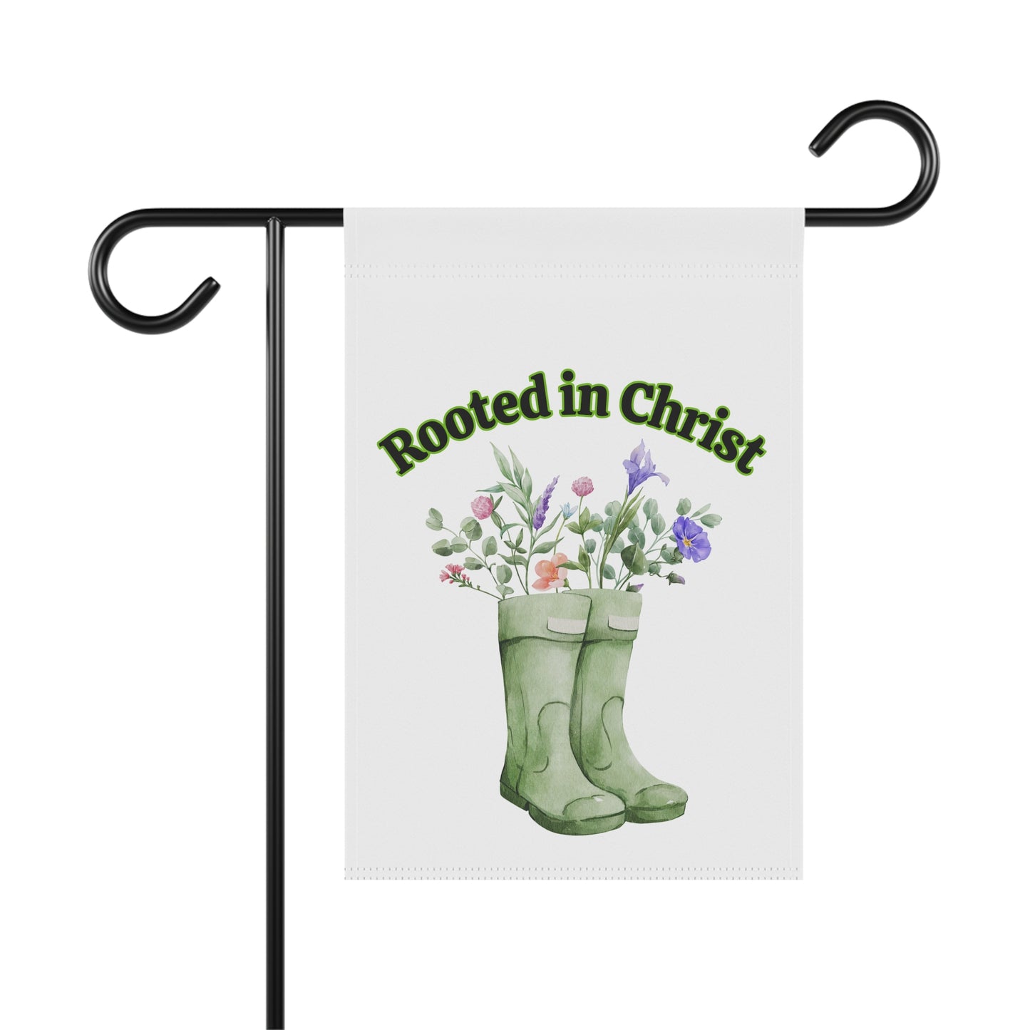 Rooted in Christ Garden Flag — Floral Rainboot Christian Yard Banner
