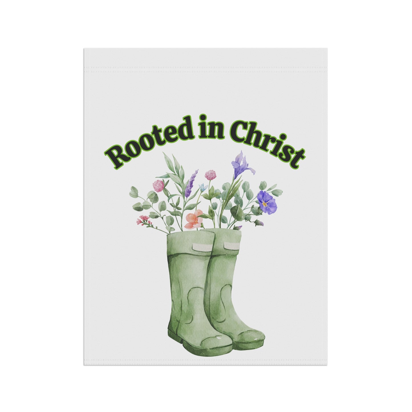 Rooted in Christ Garden Flag — Floral Rainboot Christian Yard Banner
