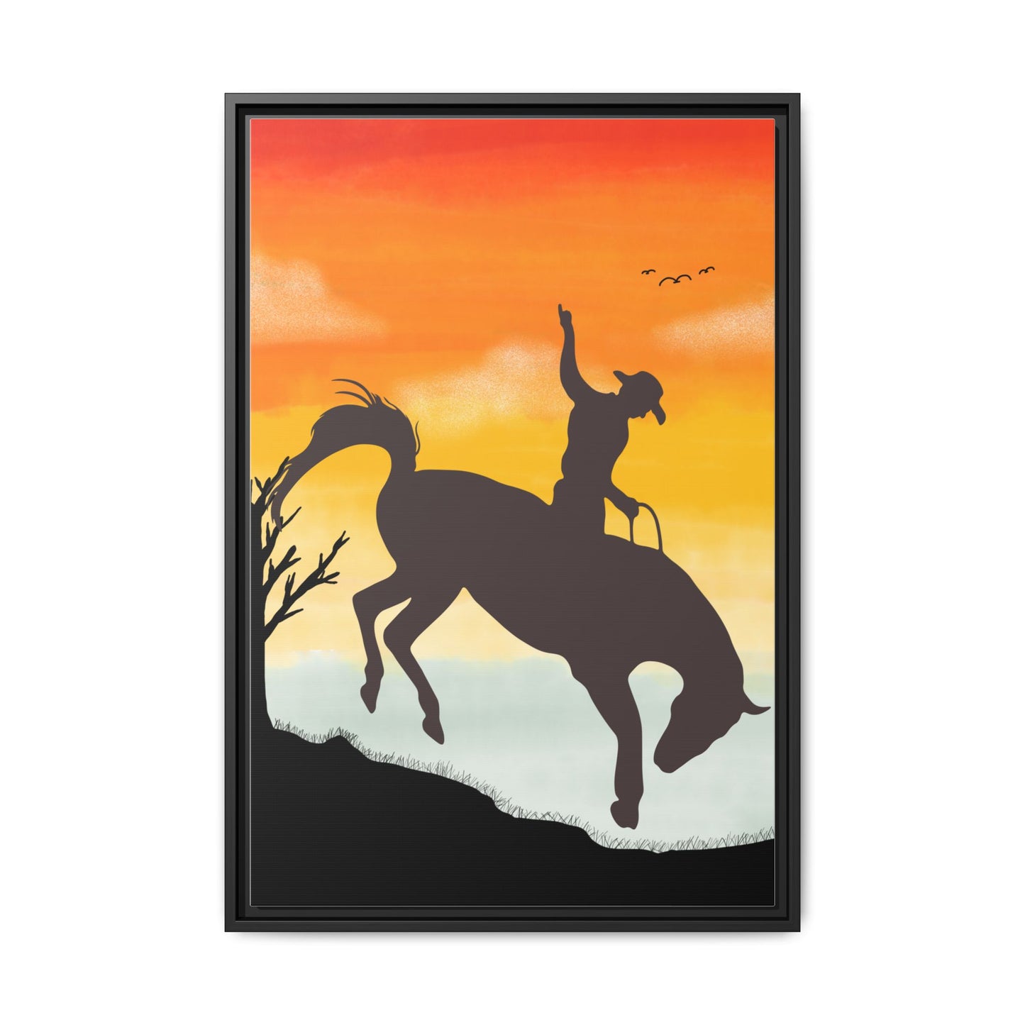 Framed Cowboy Sunset Canvas Art Equestrian Decor Farmhouse Wall Art Rustic Home Decoration Gift for Horse Lovers Rodeo Decor Housewarming Gift