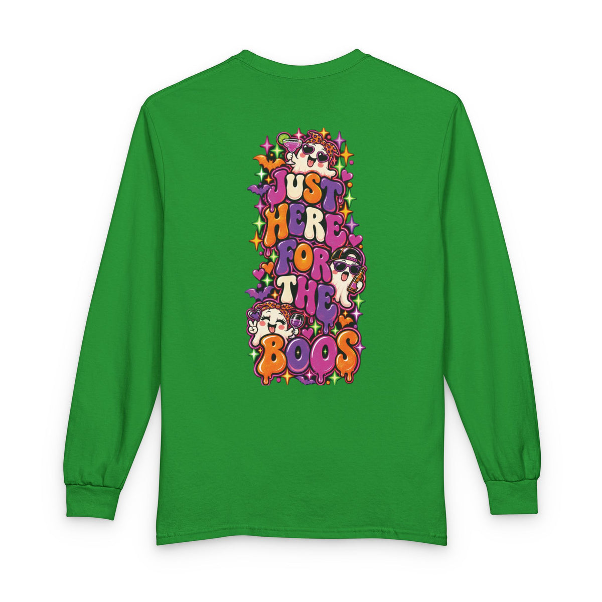 Halloween Long Sleeve Tee — "Just Here for the Boos" Ghost Party Shirt