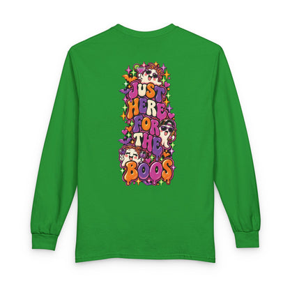 Halloween Long Sleeve Tee — "Just Here for the Boos" Ghost Party Shirt