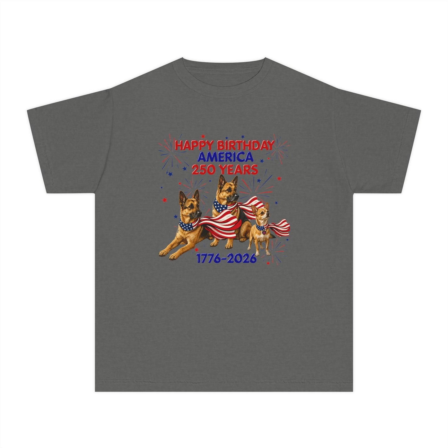 Youth Tee — "Happy Birthday America 250 Years 1776-2026" Patriotic German Shepherds