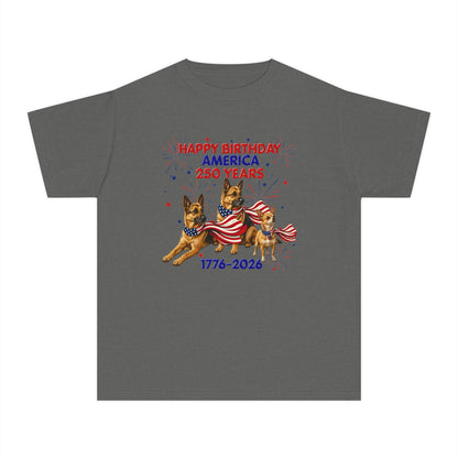 Youth Tee — "Happy Birthday America 250 Years 1776-2026" Patriotic German Shepherds