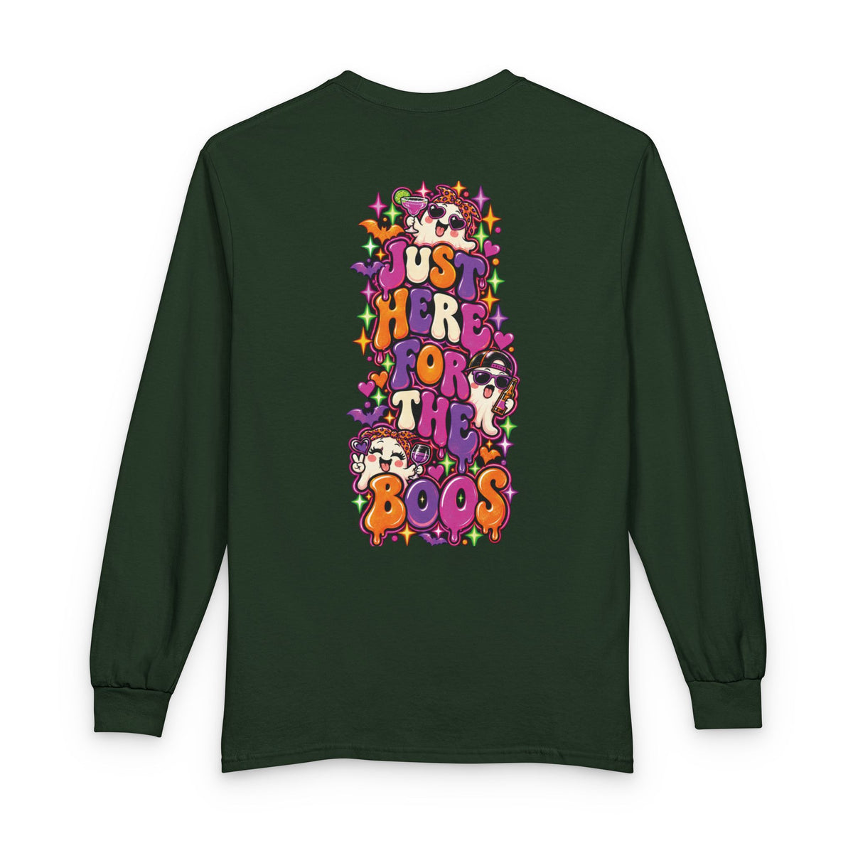 Halloween Long Sleeve Tee — "Just Here for the Boos" Ghost Party Shirt