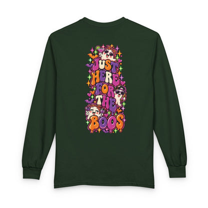 Halloween Long Sleeve Tee — "Just Here for the Boos" Ghost Party Shirt