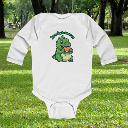 Infant Bodysuit — Cute Baby Dinosaur "Snack-a-saurus" Long Sleeve Onesie