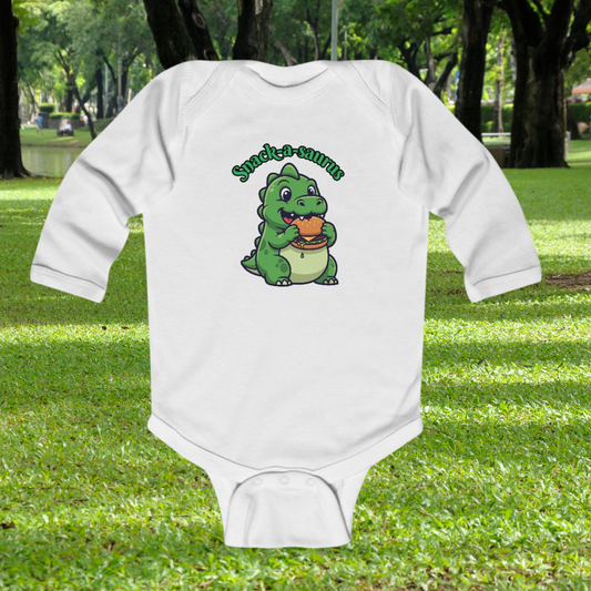 Infant Bodysuit — Cute Baby Dinosaur "Snack-a-saurus" Long Sleeve Onesie