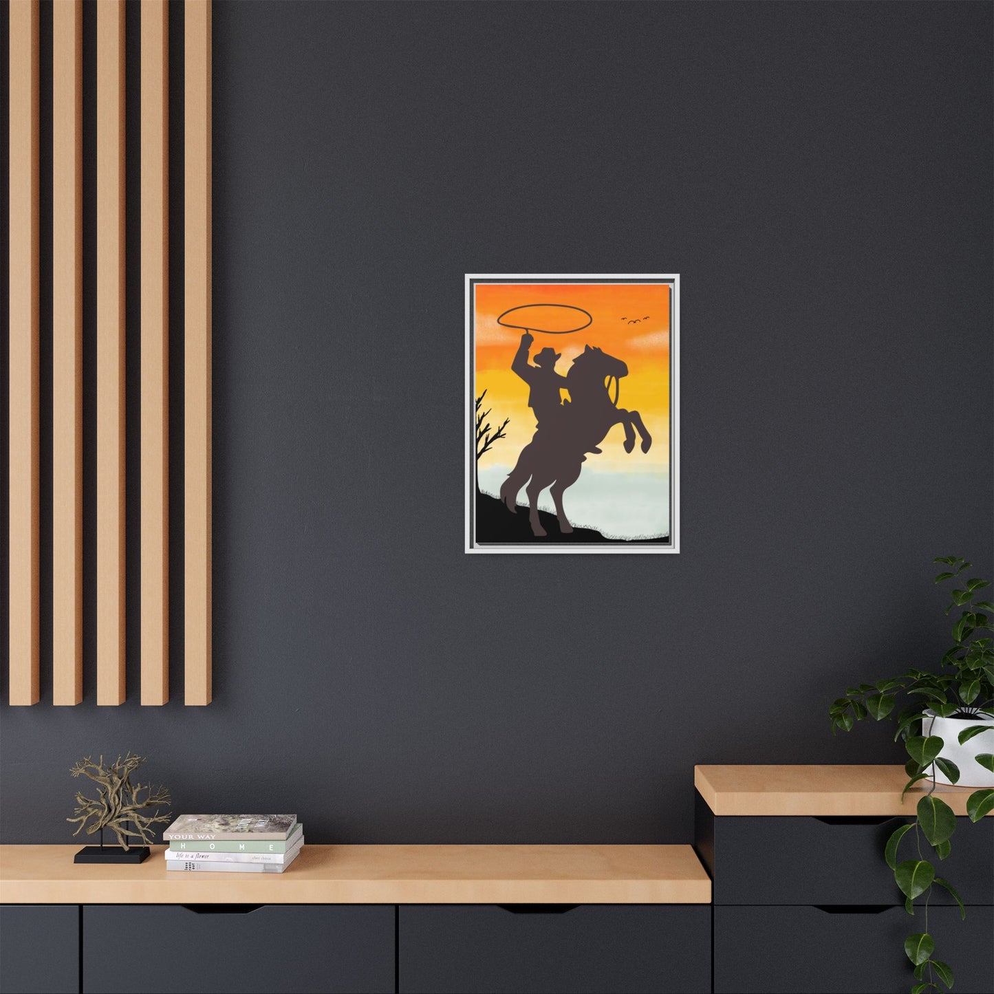 Framed Canvas Art Print Western Home Decor Rustic Wall Art Gift for Cowgirl or Cowboy Country Housewarming Rodeo Home Decor Cowboy Sunset