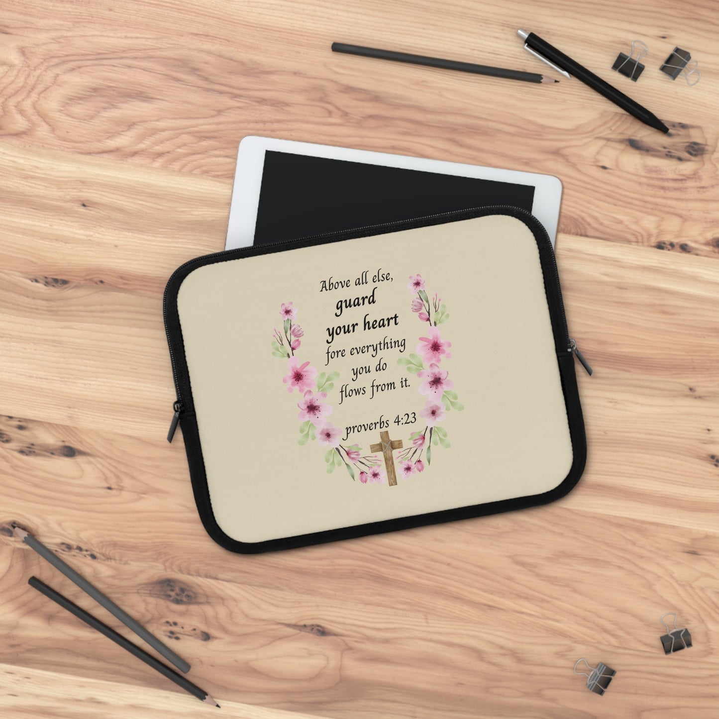 Proverbs 4:23 Floral Laptop Sleeve — "Above All Else, Guard Your Heart" Christian Devotional Sleeve