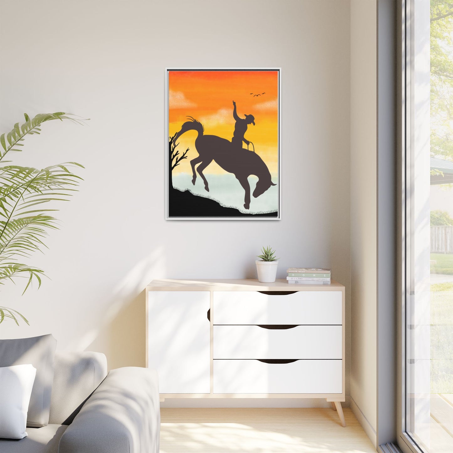 Framed Cowboy Sunset Canvas Art Equestrian Decor Farmhouse Wall Art Rustic Home Decoration Gift for Horse Lovers Rodeo Decor Housewarming Gift