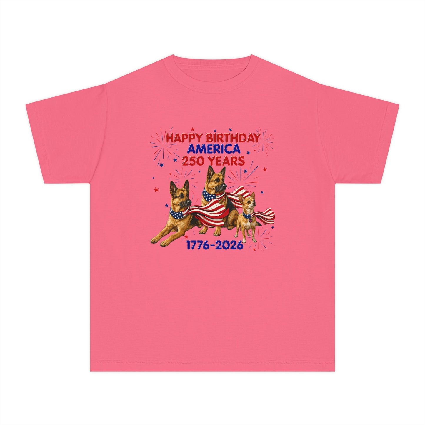 Youth Tee — "Happy Birthday America 250 Years 1776-2026" Patriotic German Shepherds