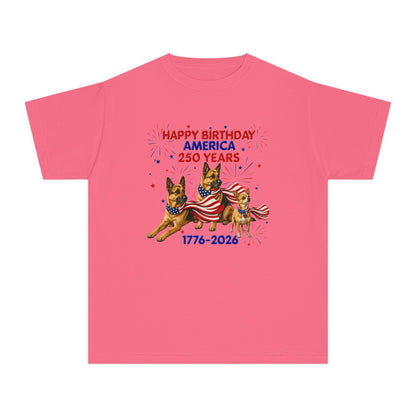 Youth Tee — "Happy Birthday America 250 Years 1776-2026" Patriotic German Shepherds
