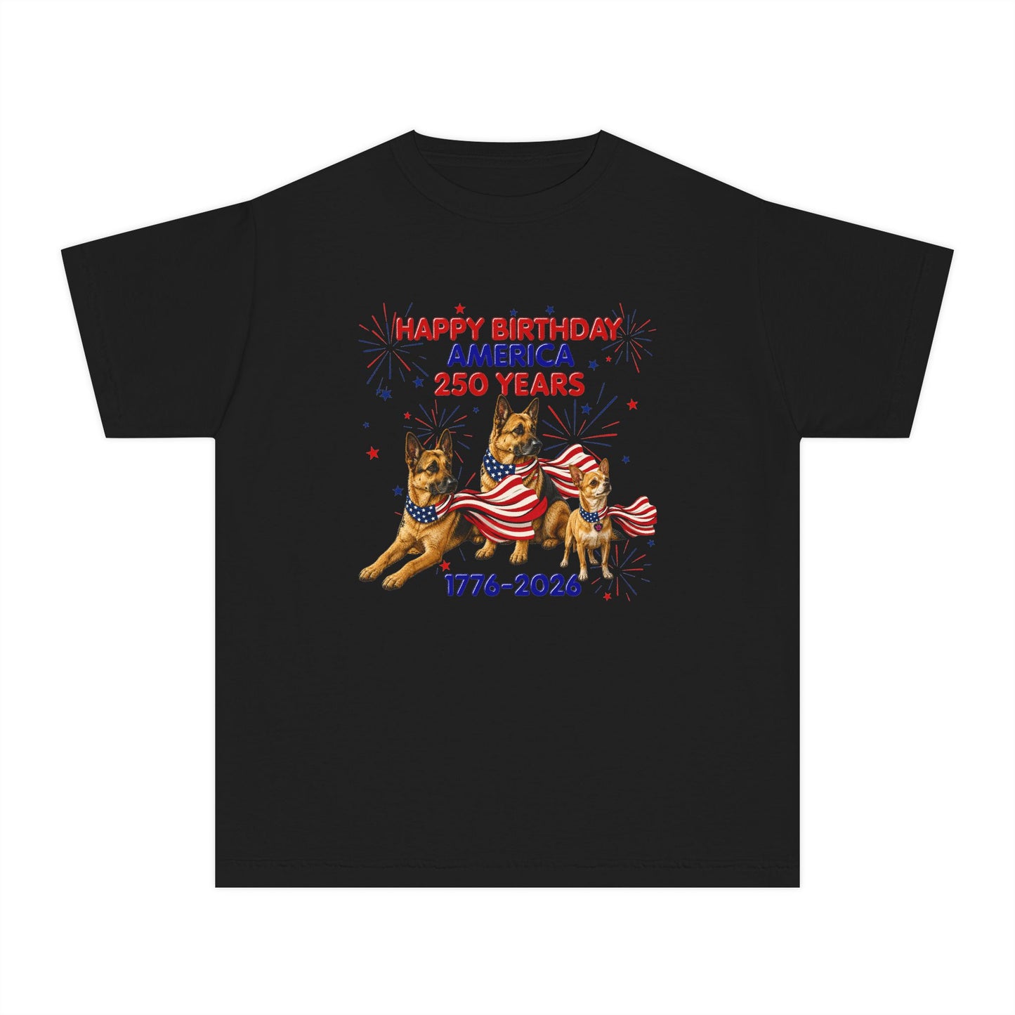 Youth Tee — "Happy Birthday America 250 Years 1776-2026" Patriotic German Shepherds