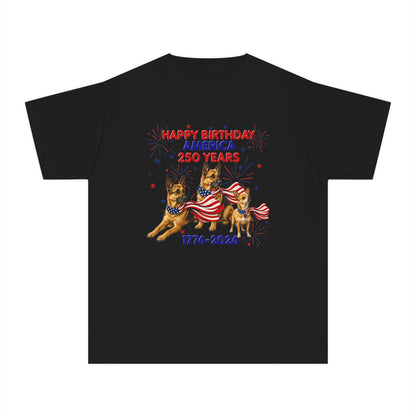 Youth Tee — "Happy Birthday America 250 Years 1776-2026" Patriotic German Shepherds