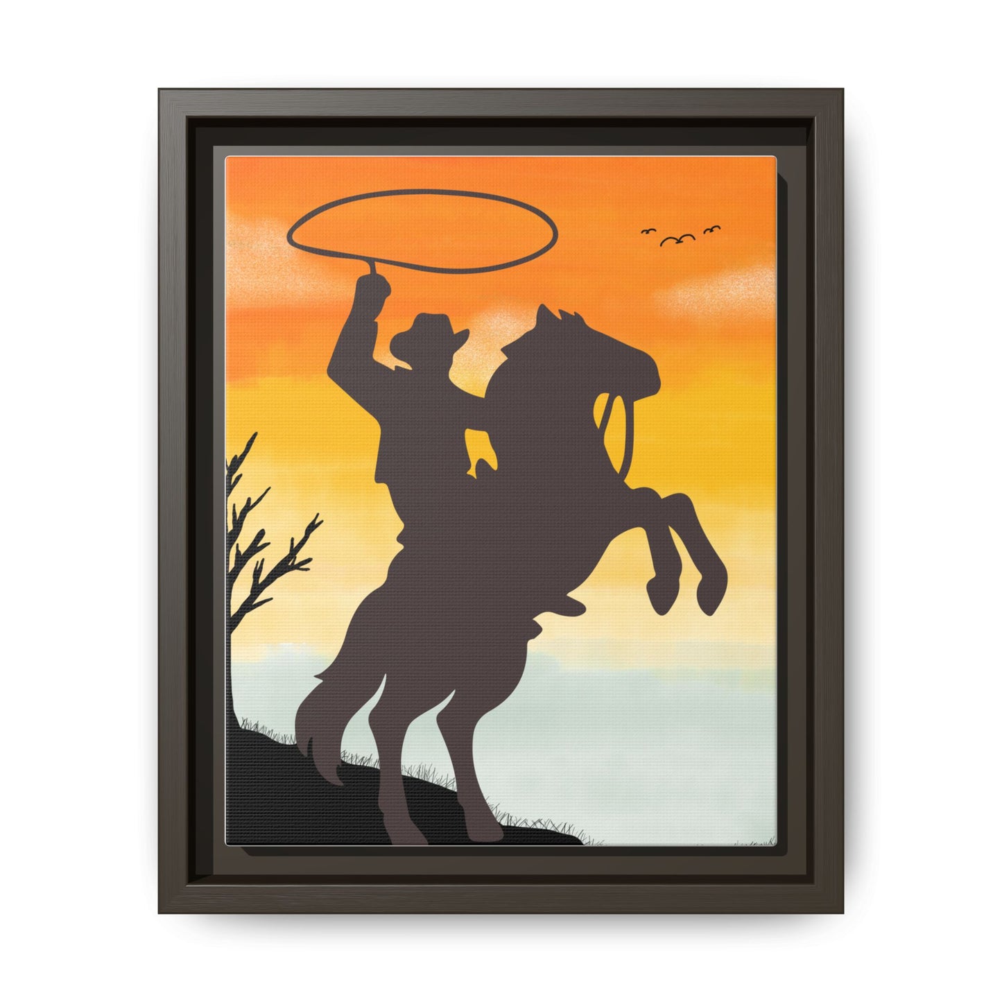 Framed Canvas Art Print Western Home Decor Rustic Wall Art Gift for Cowgirl or Cowboy Country Housewarming Rodeo Home Decor Cowboy Sunset