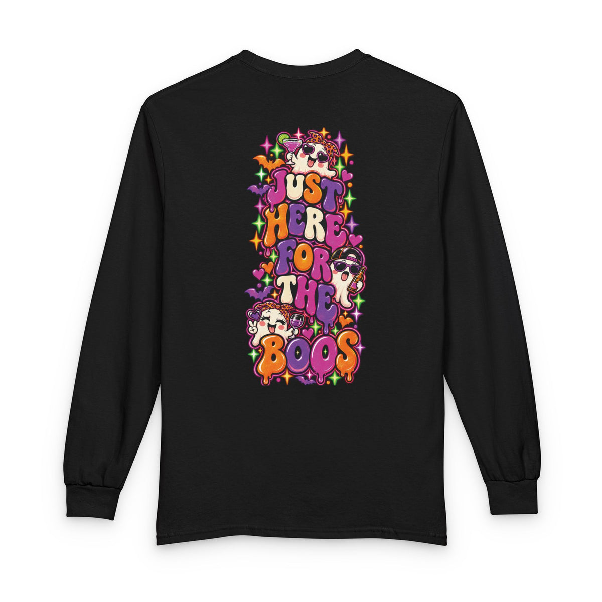 Halloween Long Sleeve Tee — "Just Here for the Boos" Ghost Party Shirt