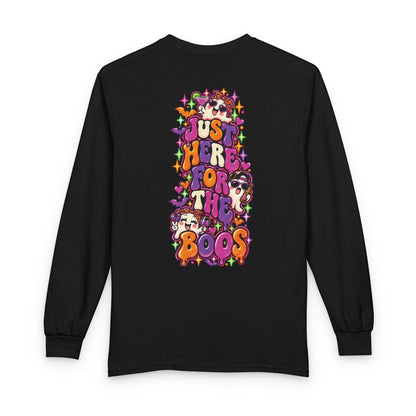 Halloween Long Sleeve Tee — "Just Here for the Boos" Ghost Party Shirt