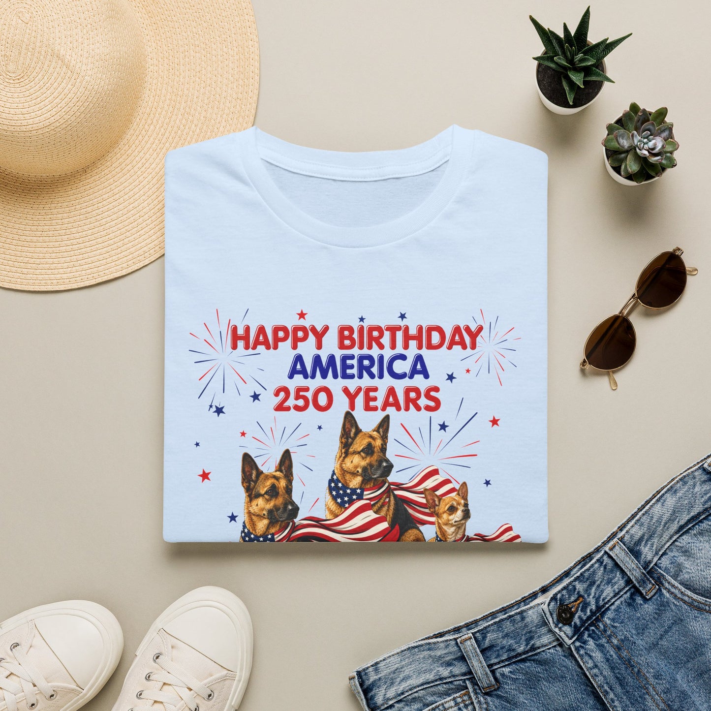 1776–2026 Happy Birthday America T-Shirt — 250 Years Patriotic Flag Dogs Tee