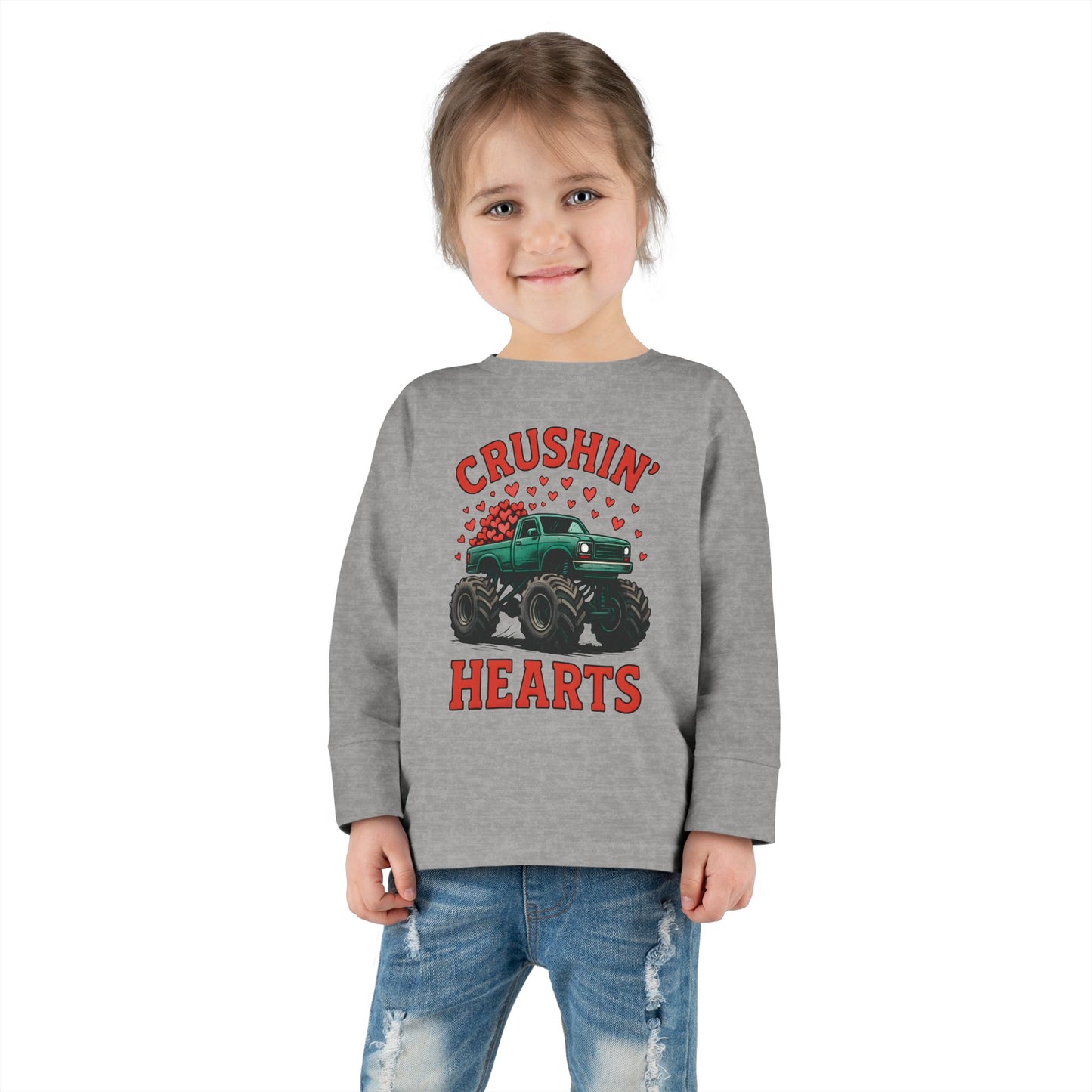 Toddler Long Sleeve Tee — "Crushin' Hearts" Monster Truck Valentine Shirt
