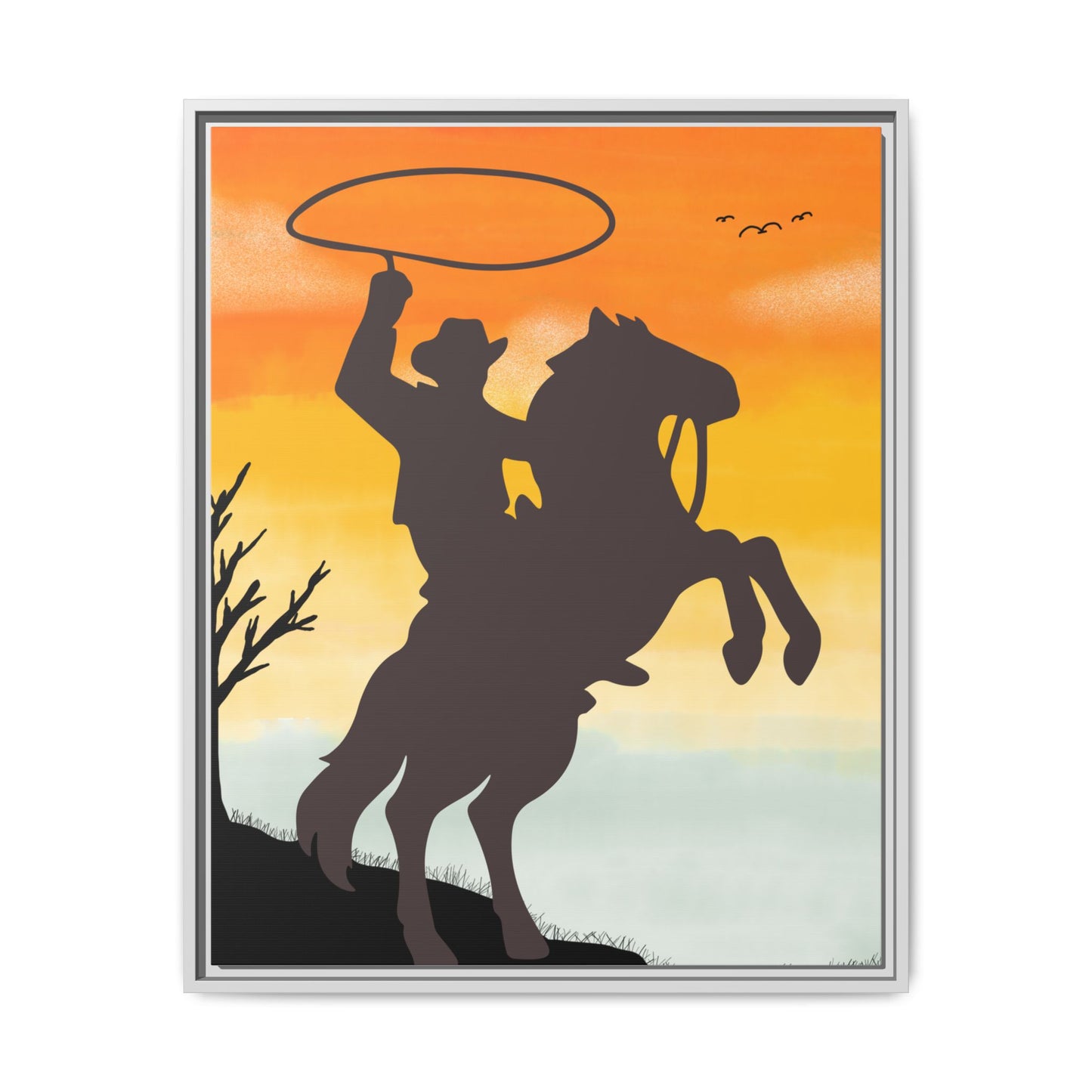 Framed Canvas Art Print Western Home Decor Rustic Wall Art Gift for Cowgirl or Cowboy Country Housewarming Rodeo Home Decor Cowboy Sunset
