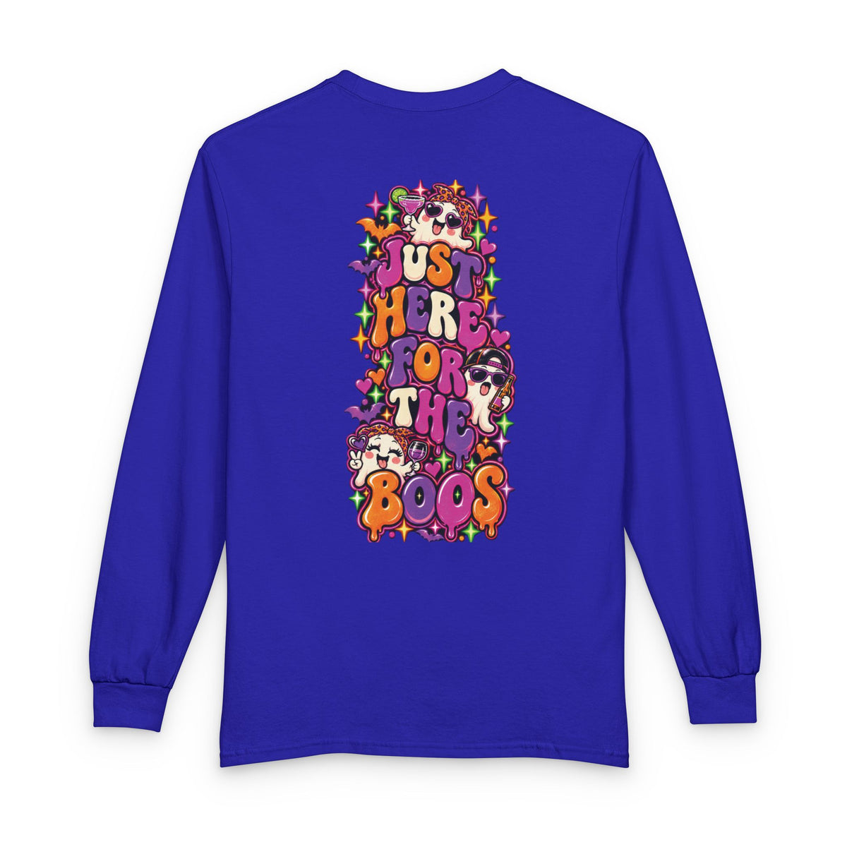 Halloween Long Sleeve Tee — "Just Here for the Boos" Ghost Party Shirt