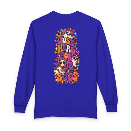 Halloween Long Sleeve Tee — "Just Here for the Boos" Ghost Party Shirt