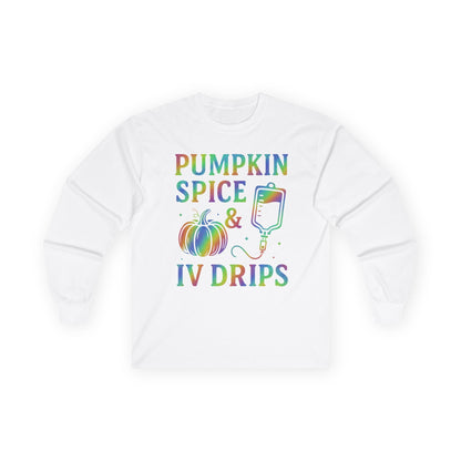 Pumpkin Spice IV Drips Long Sleeve Tee, Autumn Shirt, Fall Fashion, Halloween Apparel, Cozy Gift