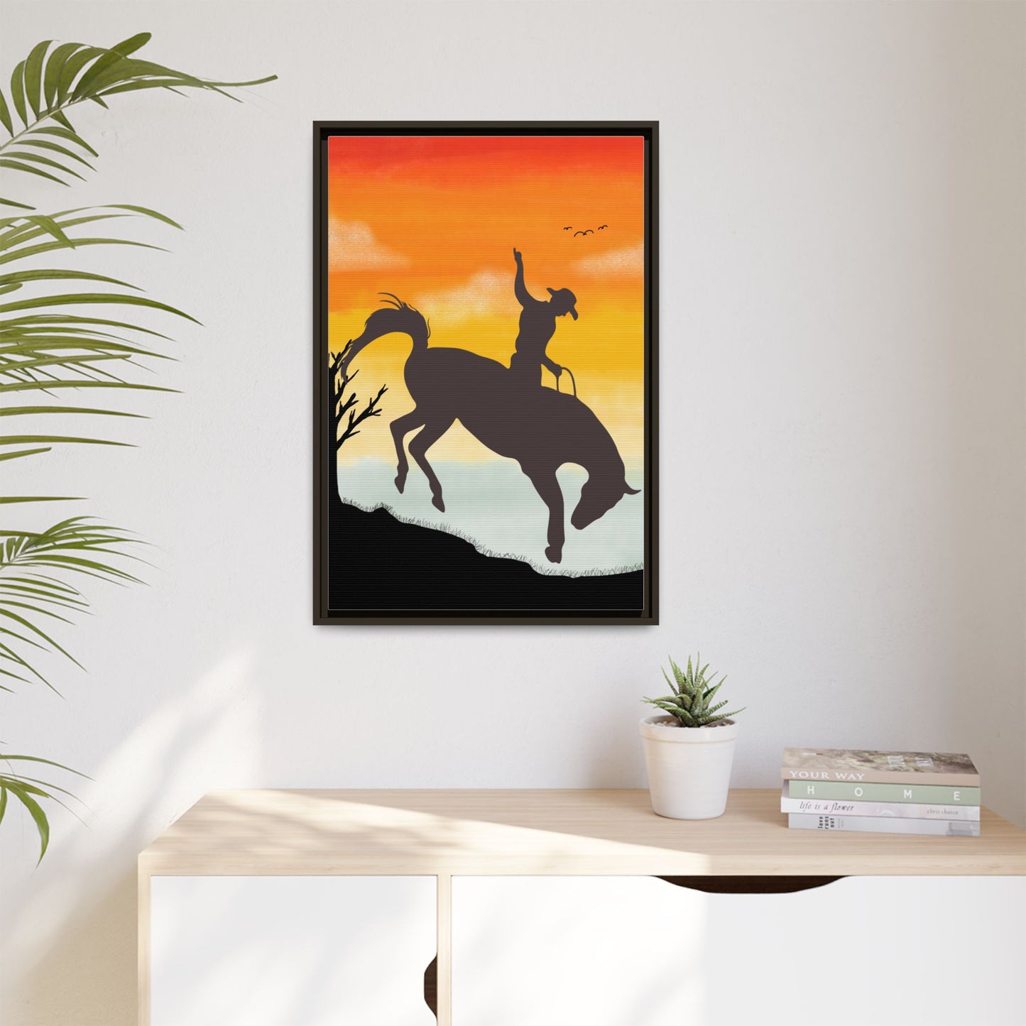 Framed Cowboy Sunset Canvas Art Equestrian Decor Farmhouse Wall Art Rustic Home Decoration Gift for Horse Lovers Rodeo Decor Housewarming Gift