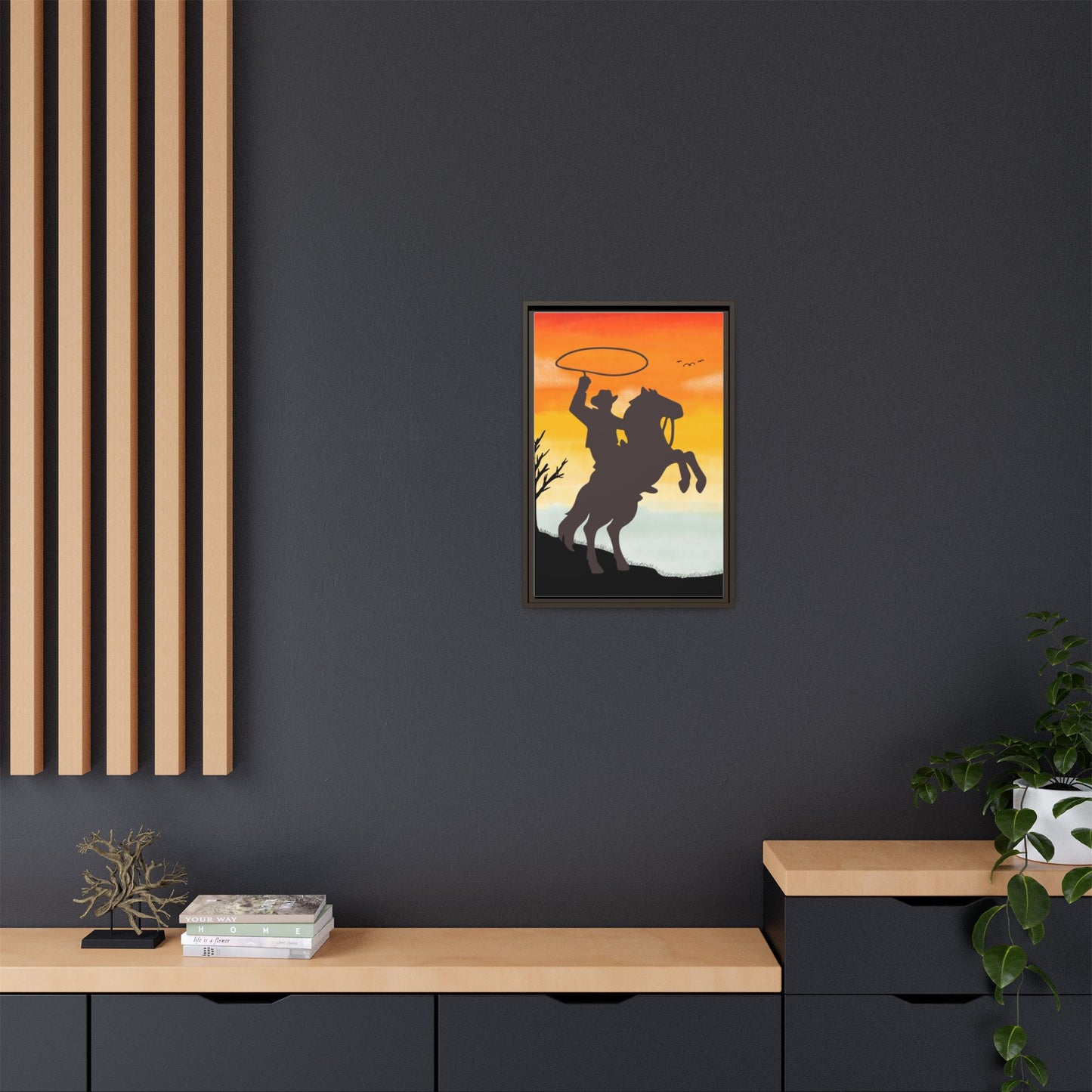 Framed Canvas Art Print Western Home Decor Rustic Wall Art Gift for Cowgirl or Cowboy Country Housewarming Rodeo Home Decor Cowboy Sunset