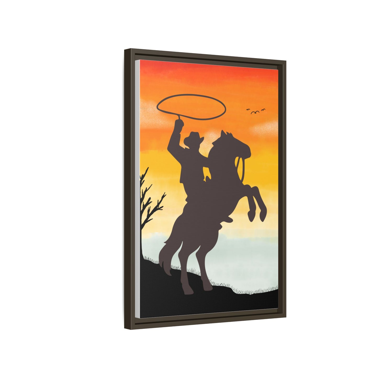 Framed Canvas Art Print Western Home Decor Rustic Wall Art Gift for Cowgirl or Cowboy Country Housewarming Rodeo Home Decor Cowboy Sunset