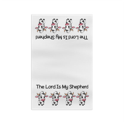 Tea Towel — "The Lord Is My Shepherd" Cute Cow Devotional Kitchen Towel