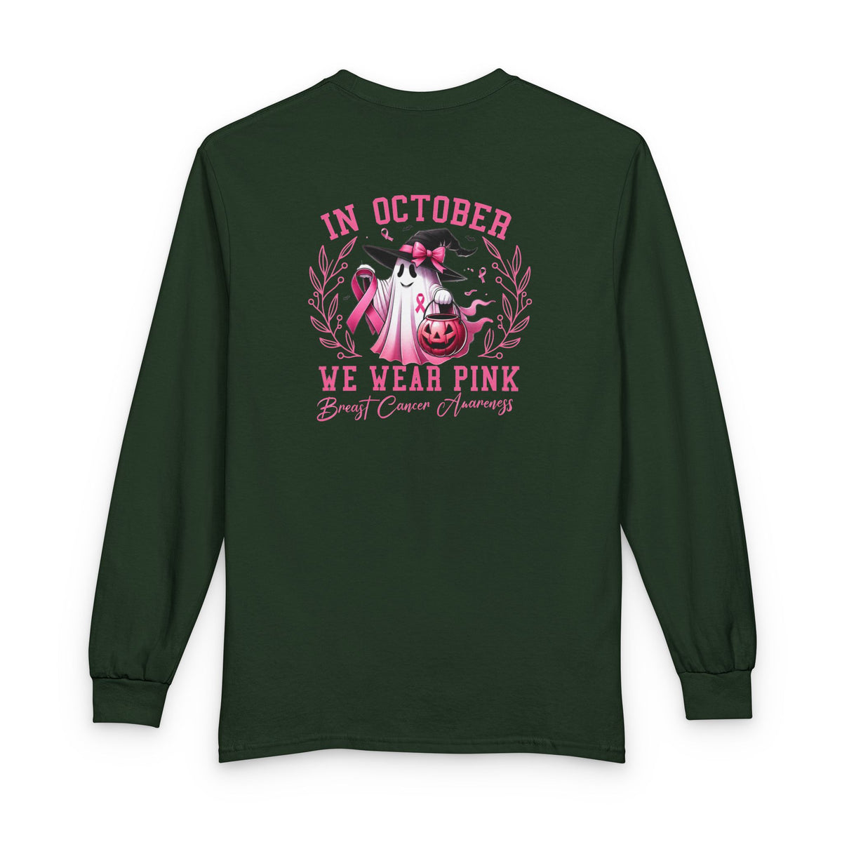 Breast Cancer Awareness Long Sleeve Tee — "In October We Wear Pink" Cow Design
